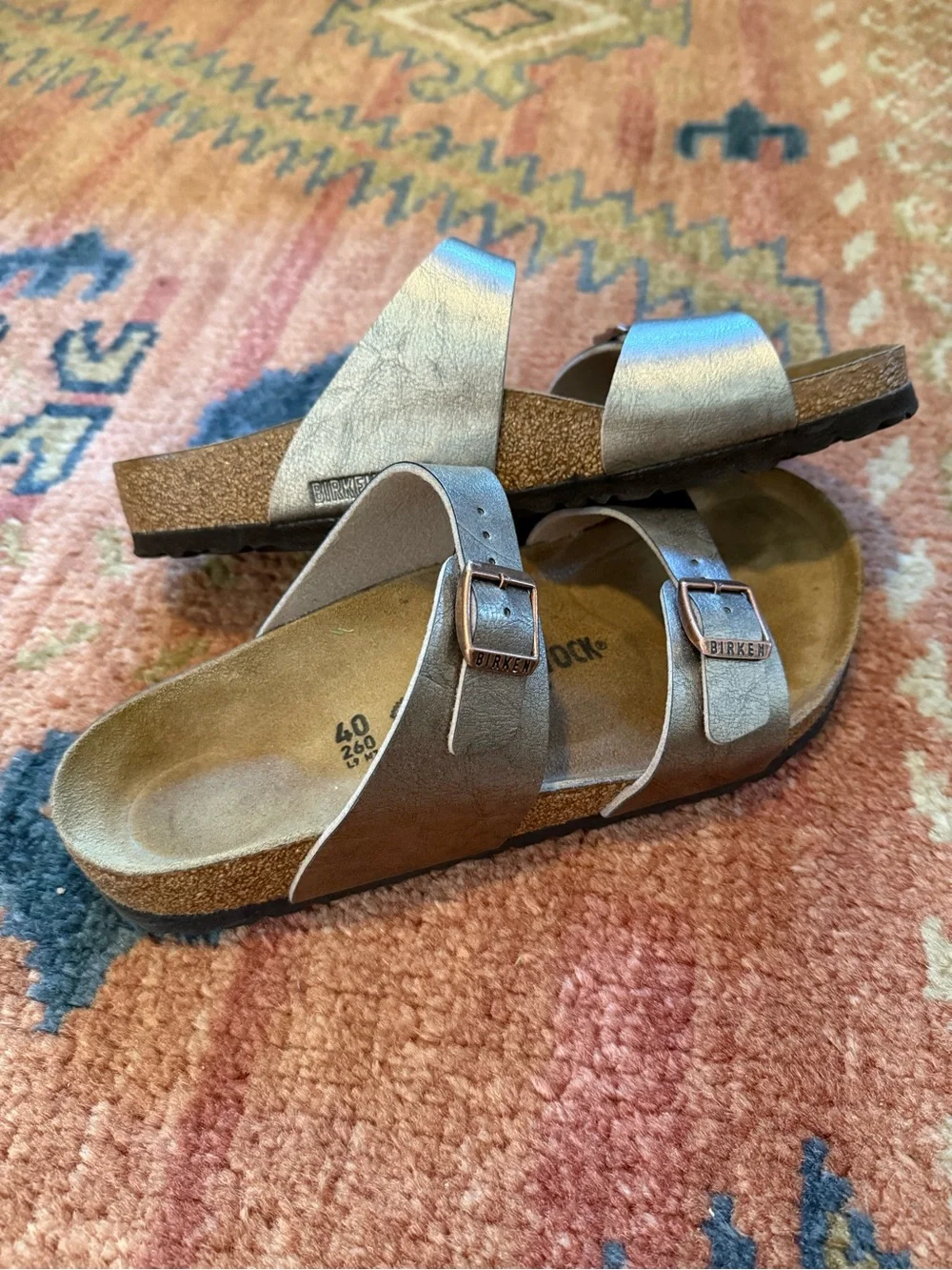 EUC Birkenstock Women’s Sydney Double-Strap Sandals in Metallic Brown.